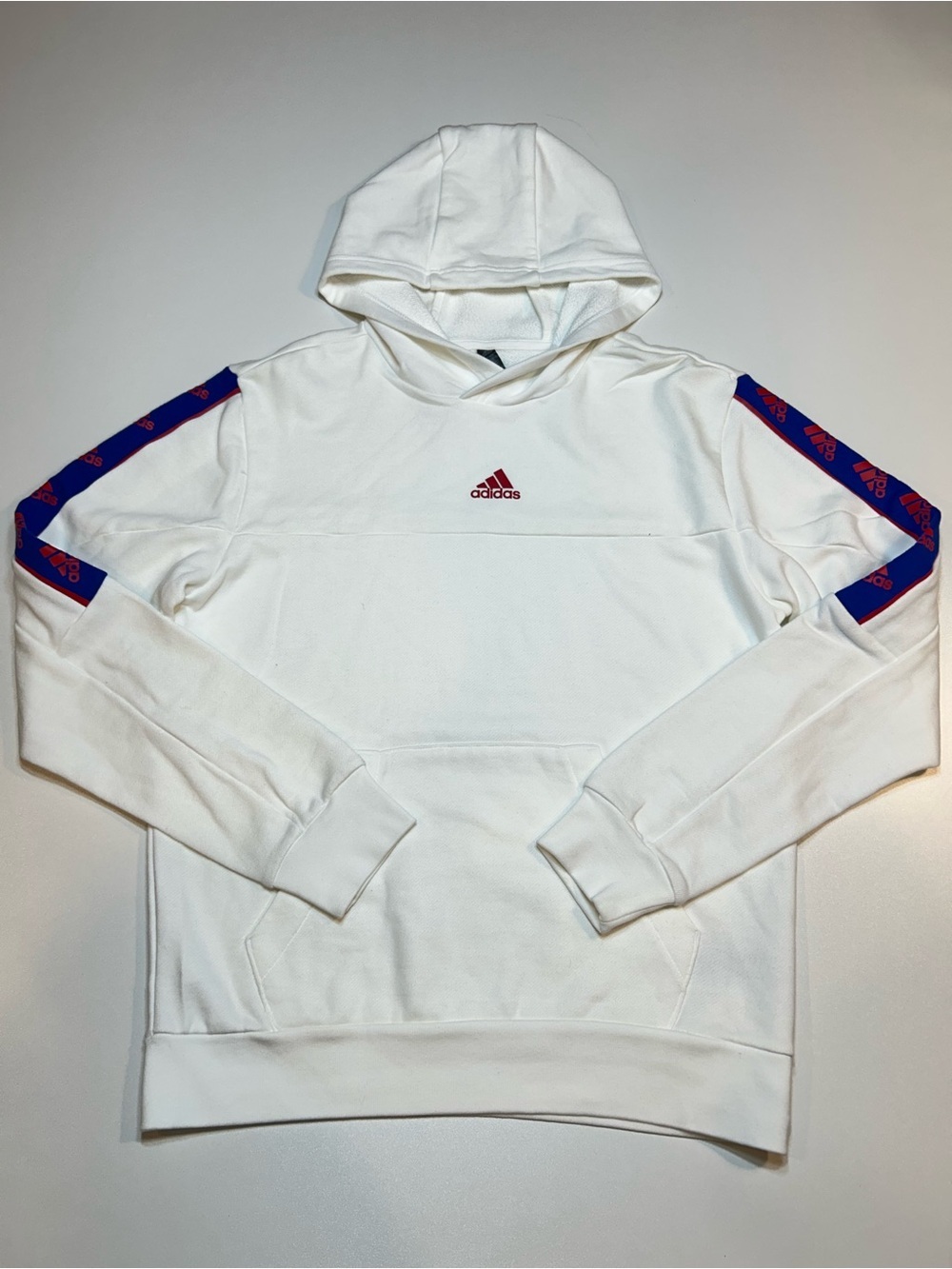 Adidas Men's Brand Love Logo Tape Pullover Hoodie White Blue Red